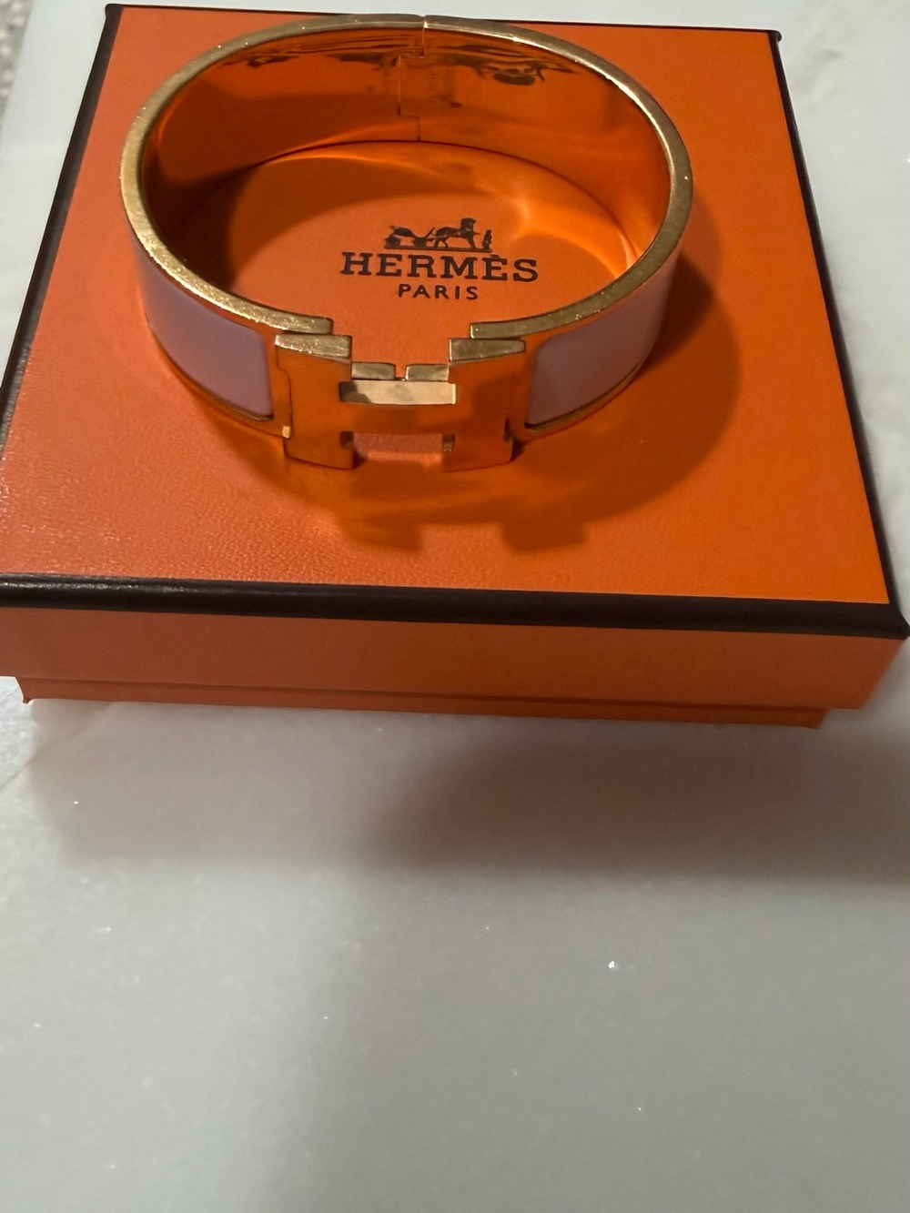 Hermes Enamel H Cuff Bracelet in Light Pink and Gold Medium width